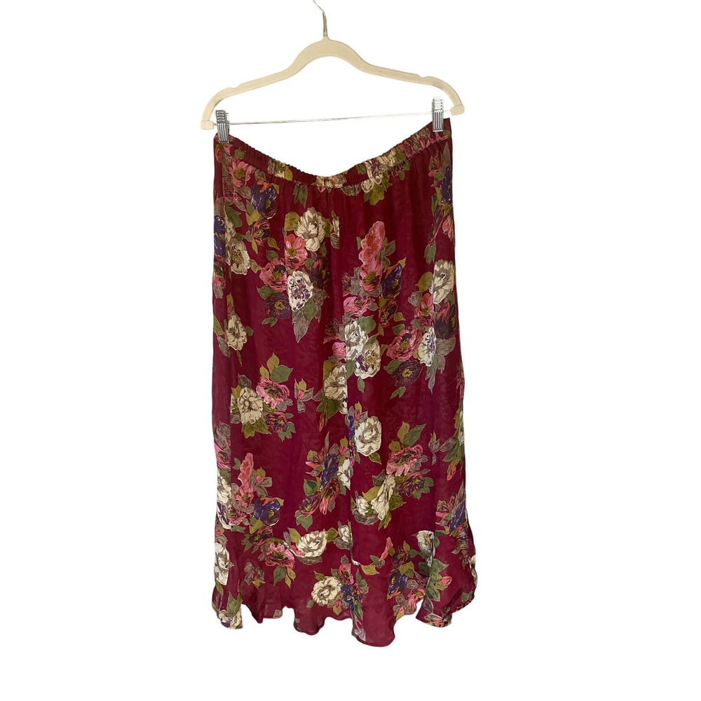 Unbranded Womens Floral Layered Jacquard Maxi Skirt L‎ Burgundy Boho Cottagecore